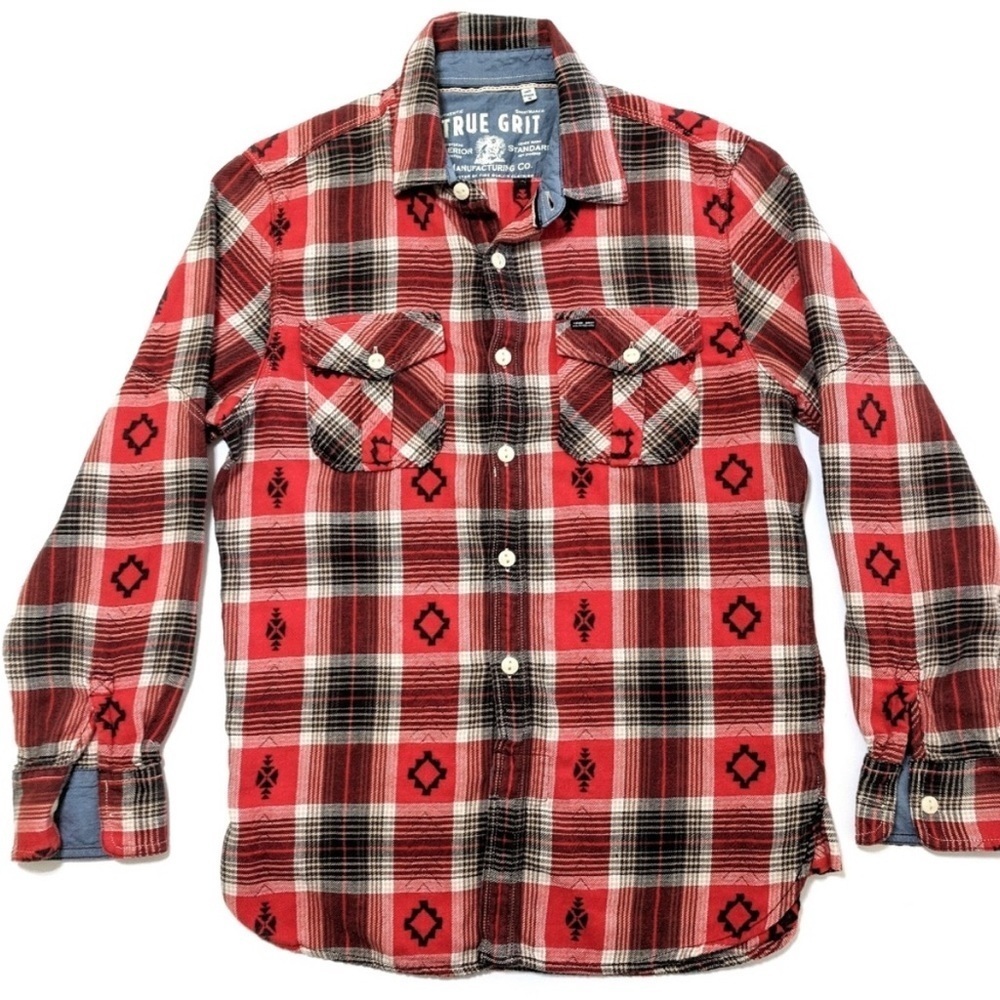 True Grit Red and Black Casual Button Down Shirt Red/Black Aztec Print Sz L